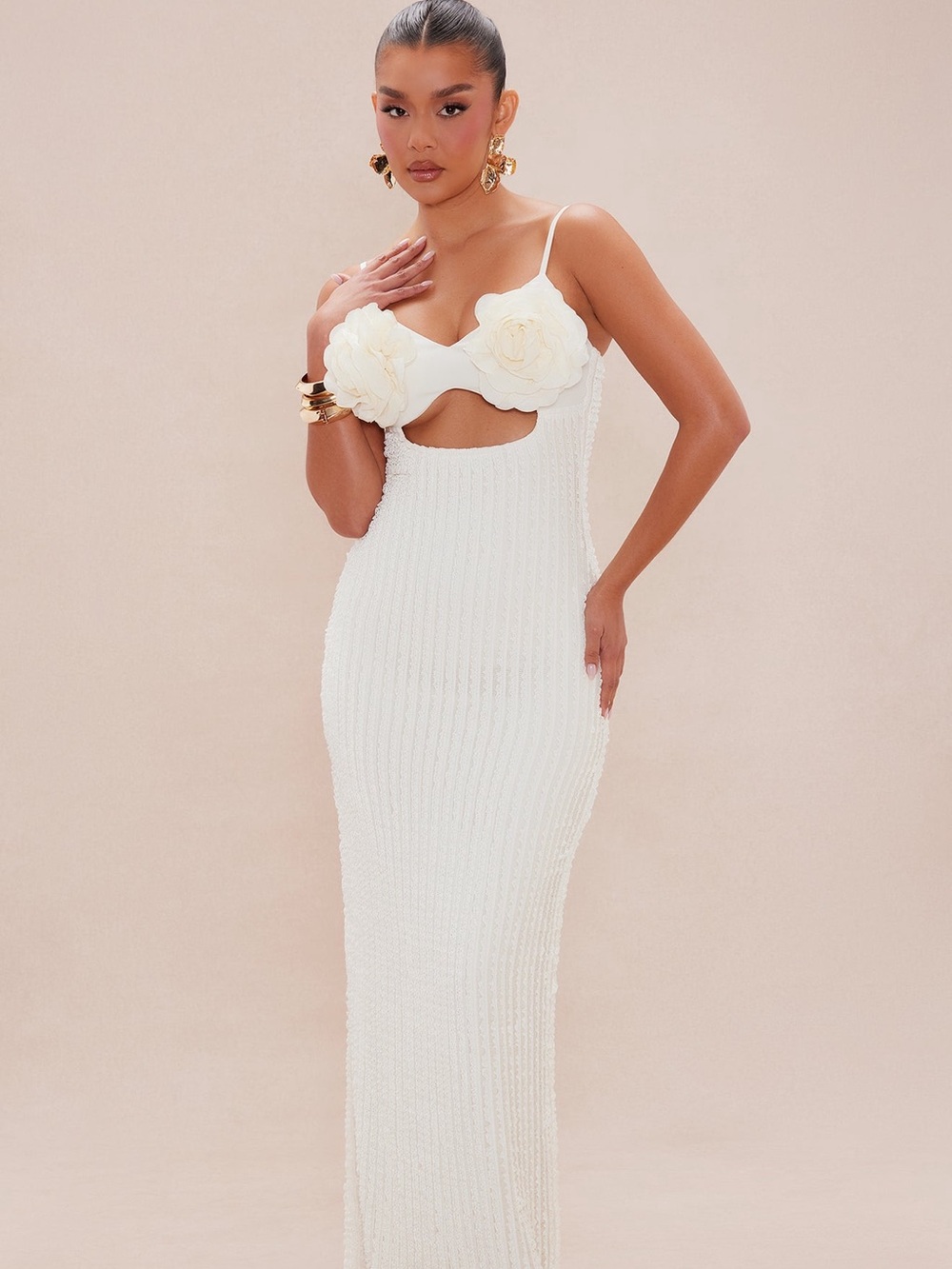 Ivory Floral Appliqué Cutout Maxi Dress